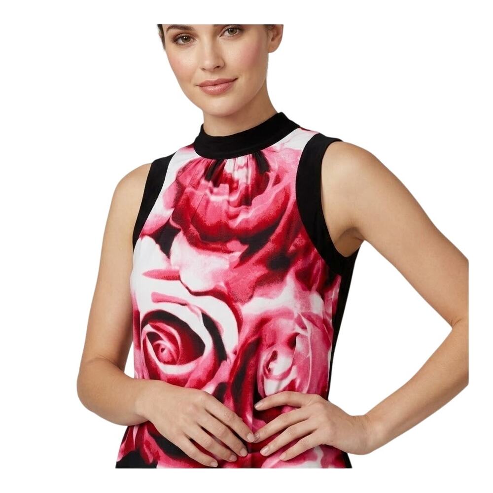 Worthington Women's Medium Pink Rose Floral Sleeveless Blouse Mock Neck